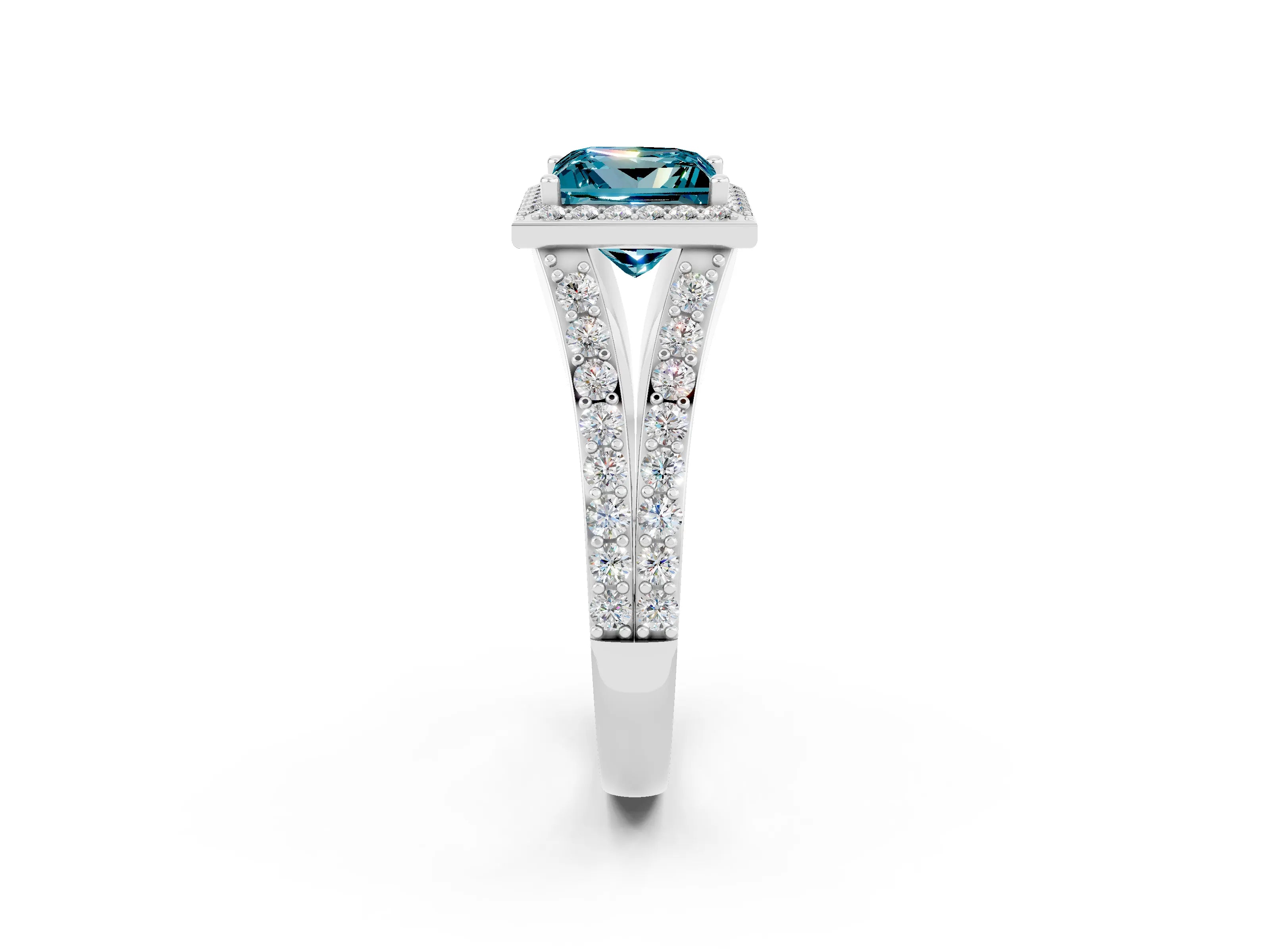 White gold Princess Cut Blue Topaz Split Shank Halo Ring with Four-Prong Setting_60