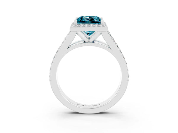 Silver Princess Cut Blue Topaz Split Shank Halo Ring with Four-Prong Setting