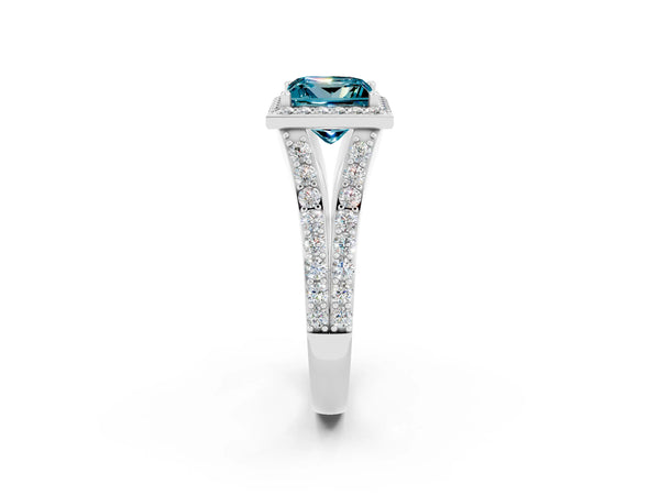 Platinum Princess Cut Blue Topaz Split Shank Halo Ring with Four-Prong Setting