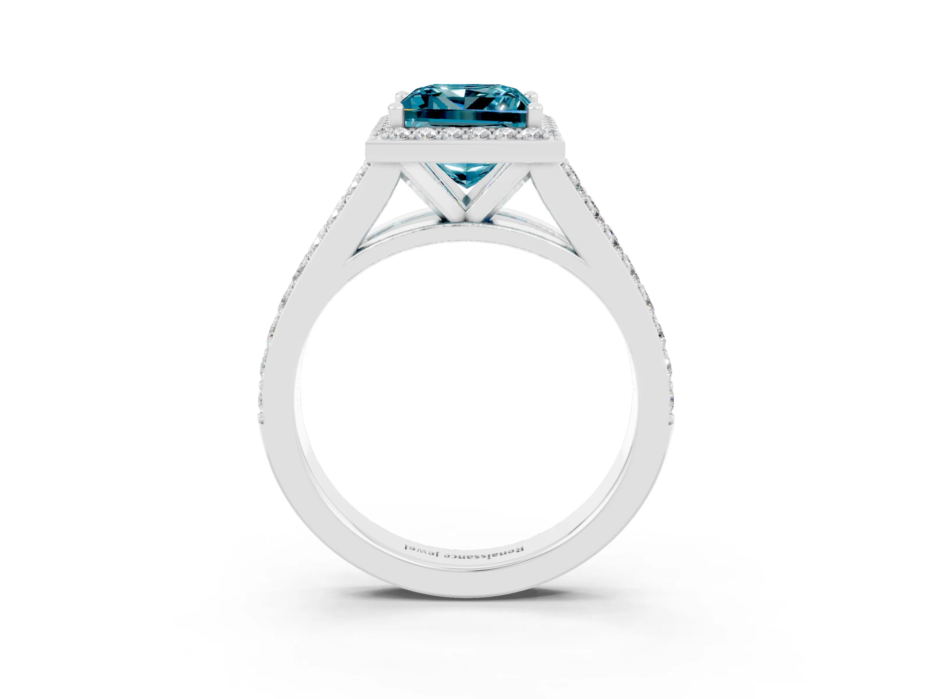 White gold Princess Cut Blue Topaz Split Shank Halo Ring with Four-Prong Setting_63