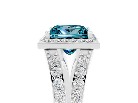 White gold Princess Cut Blue Topaz Split Shank Halo Ring with Four-Prong Setting_63