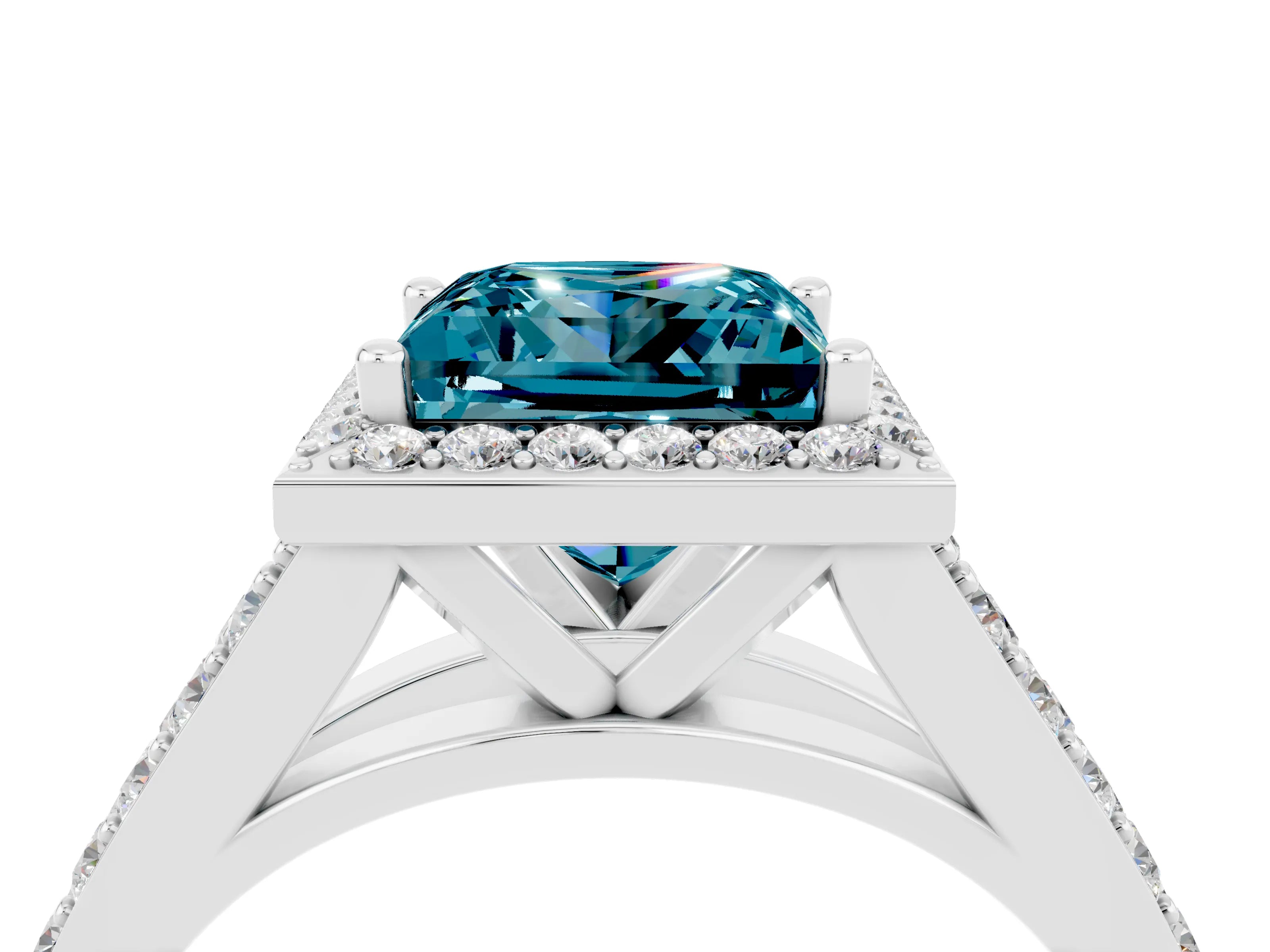 White gold Princess Cut Blue Topaz Split Shank Halo Ring with Four-Prong Setting_64