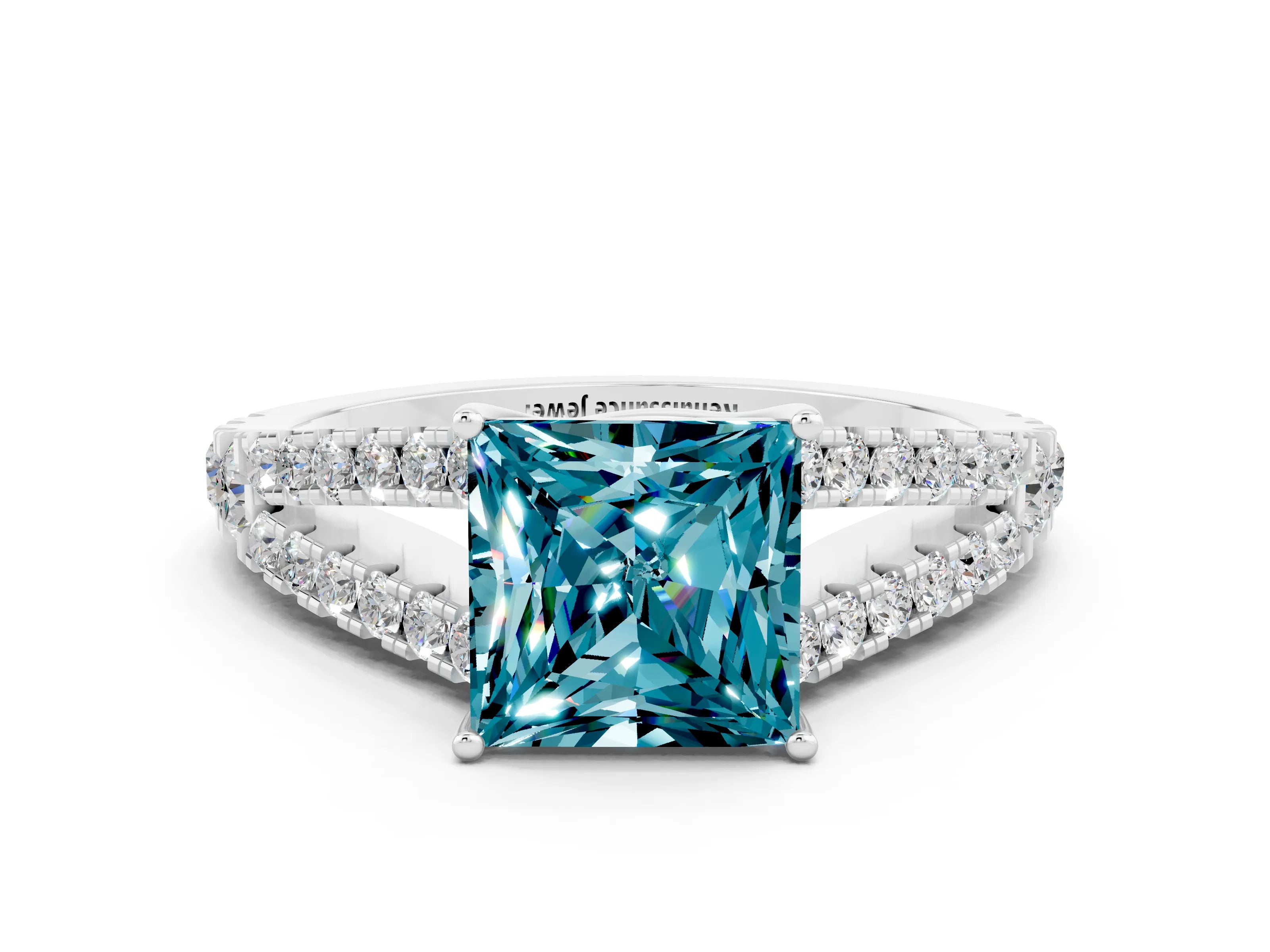 White gold Princess Cut Blue Topaz Split Shank Pavé Engagement Ring with Four-Prong Setting_12