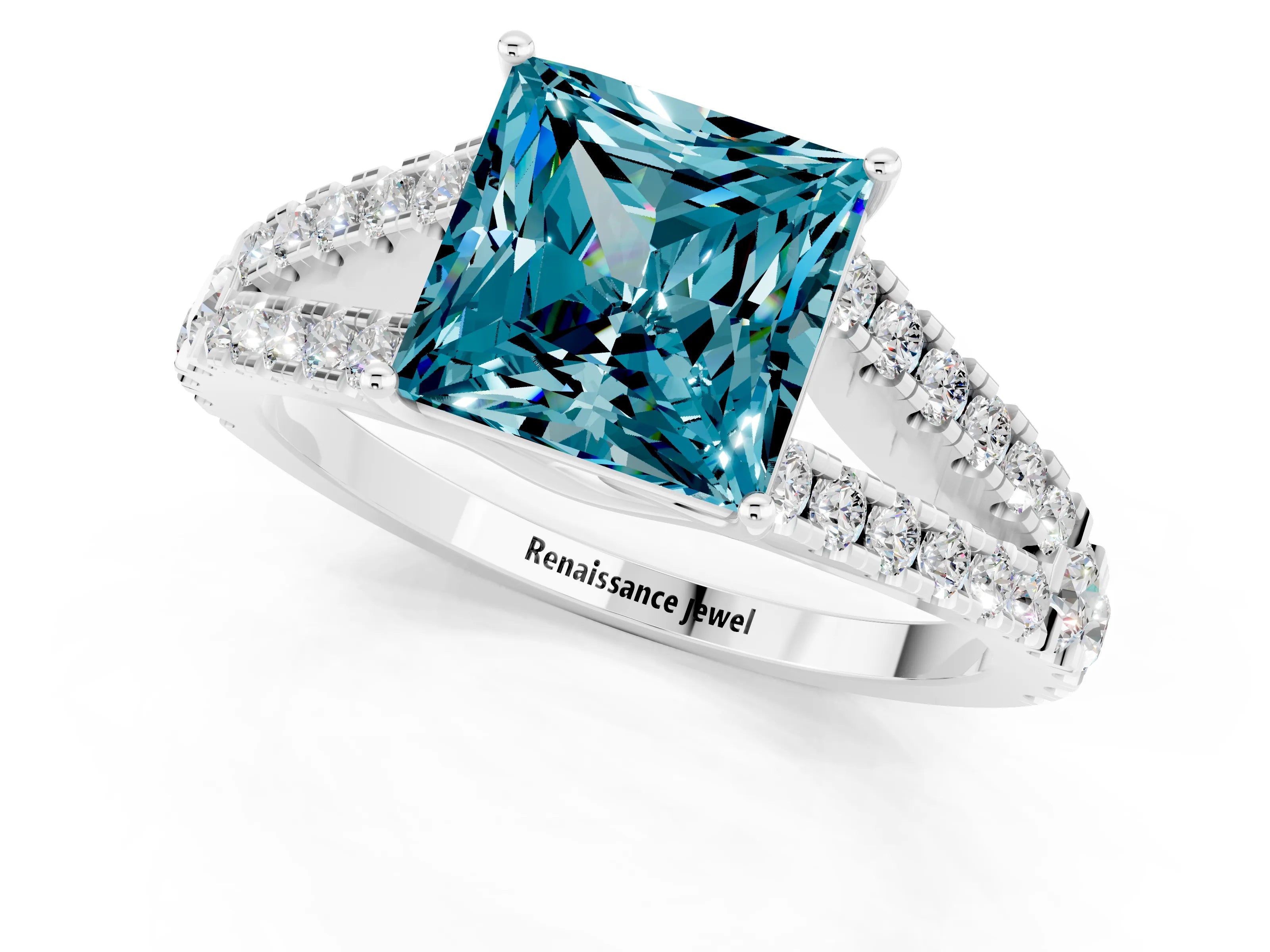 White gold Princess Cut Blue Topaz Split Shank Pavé Engagement Ring with Four-Prong Setting_13