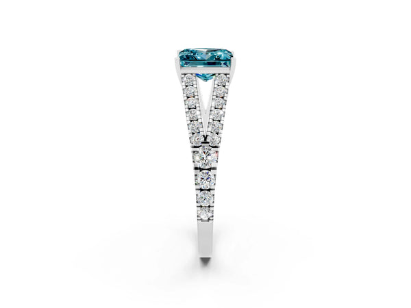 Platinum Princess Cut Blue Topaz Split Shank Pavé Engagement Ring with Four-Prong Setting