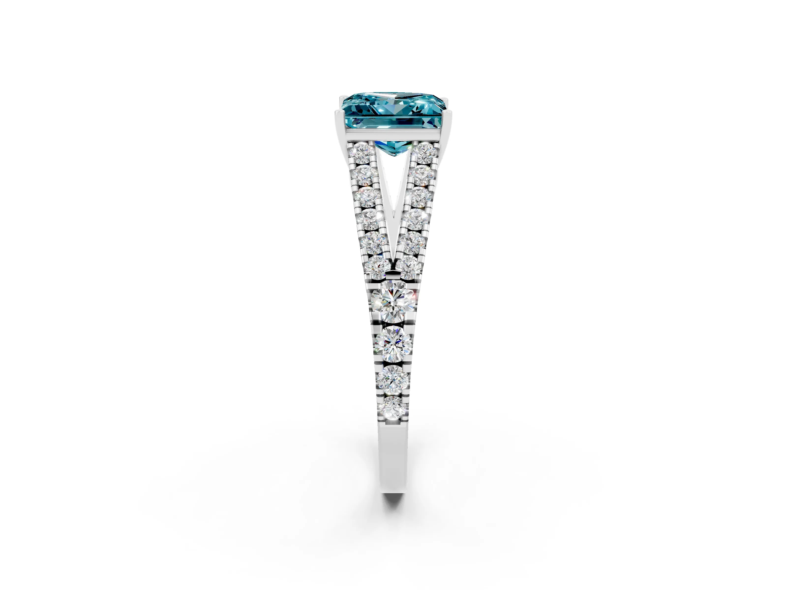 White gold Princess Cut Blue Topaz Split Shank Pavé Engagement Ring with Four-Prong Setting_14
