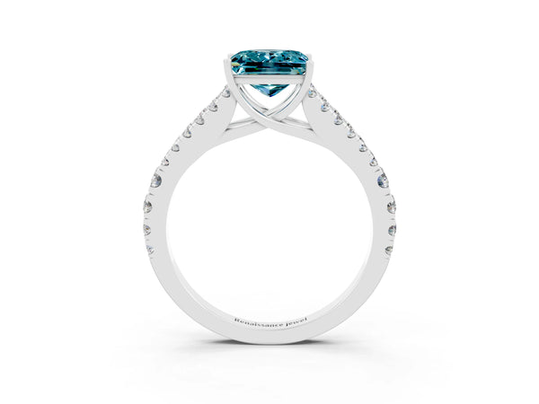 White gold Princess Cut Blue Topaz Split Shank Pavé Engagement Ring with Four-Prong Setting