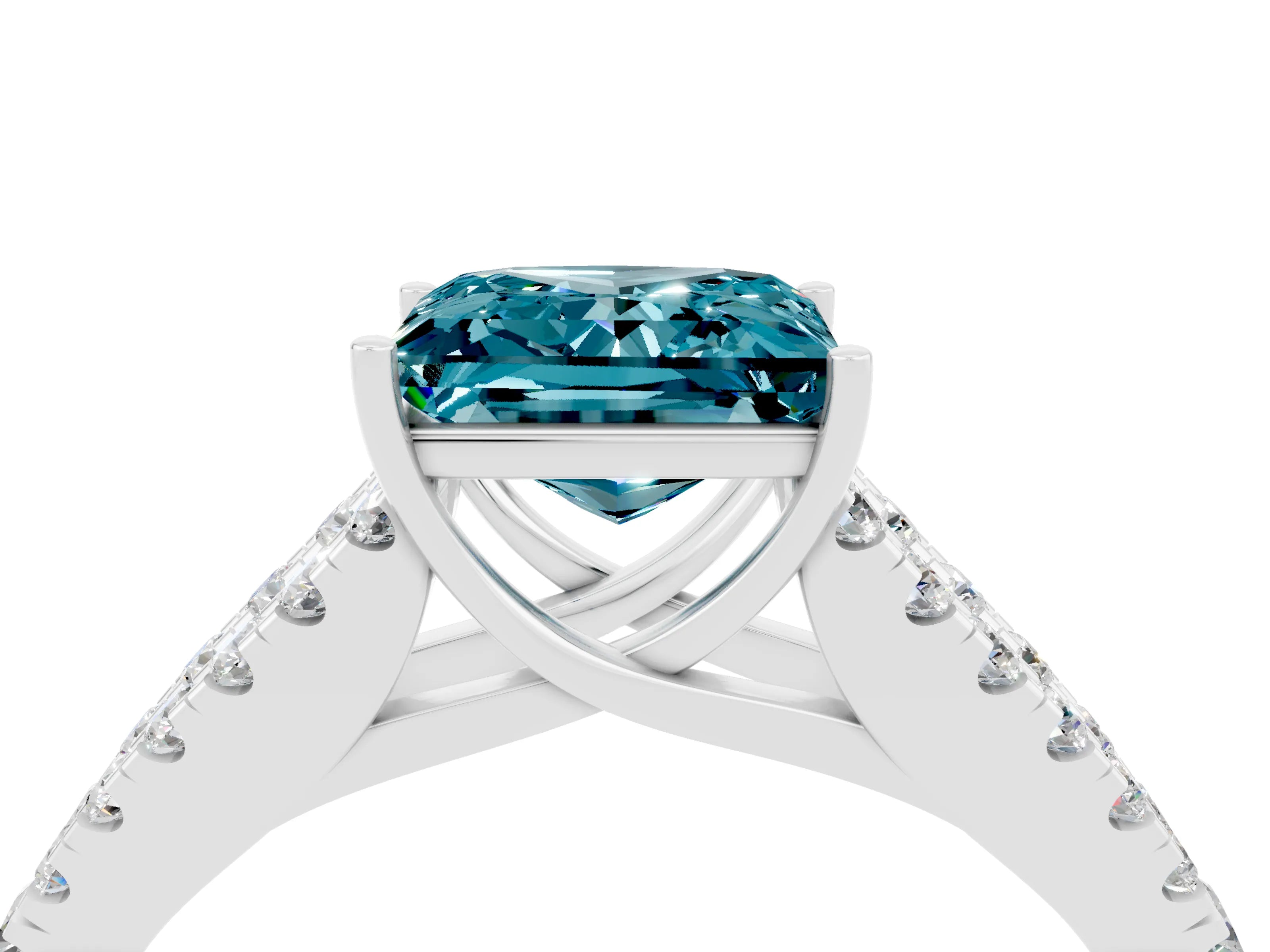 White gold Princess Cut Blue Topaz Split Shank Pavé Engagement Ring with Four-Prong Setting_16