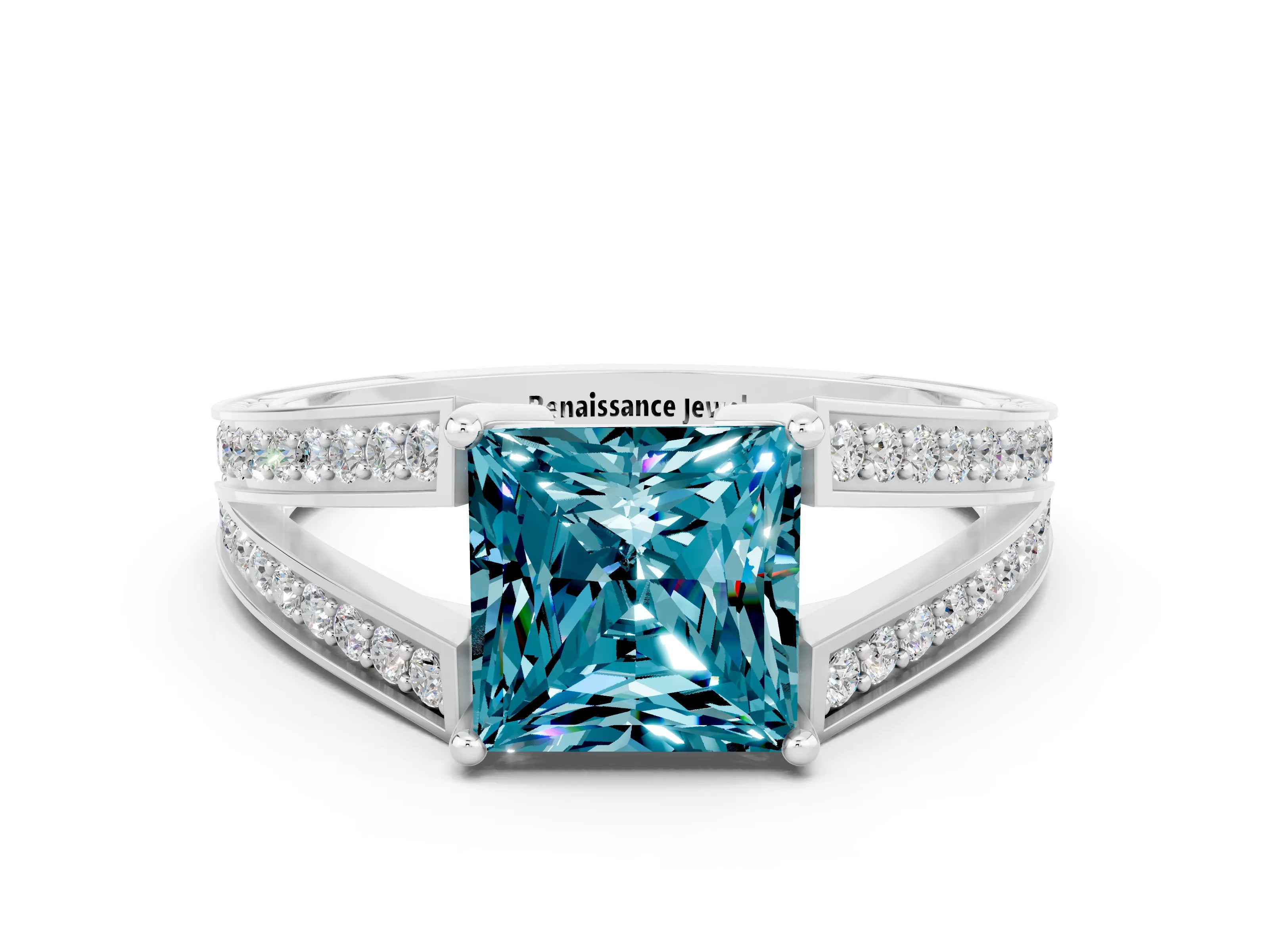 White gold Princess Cut Blue Topaz Split Shank Ring with Pavé Band and Four-Prong Setting
