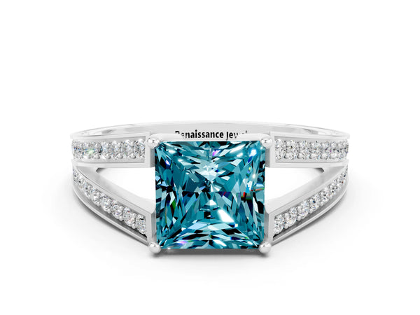 Platinum Princess Cut Blue Topaz Split Shank Ring with Pavé Band and Four-Prong Setting