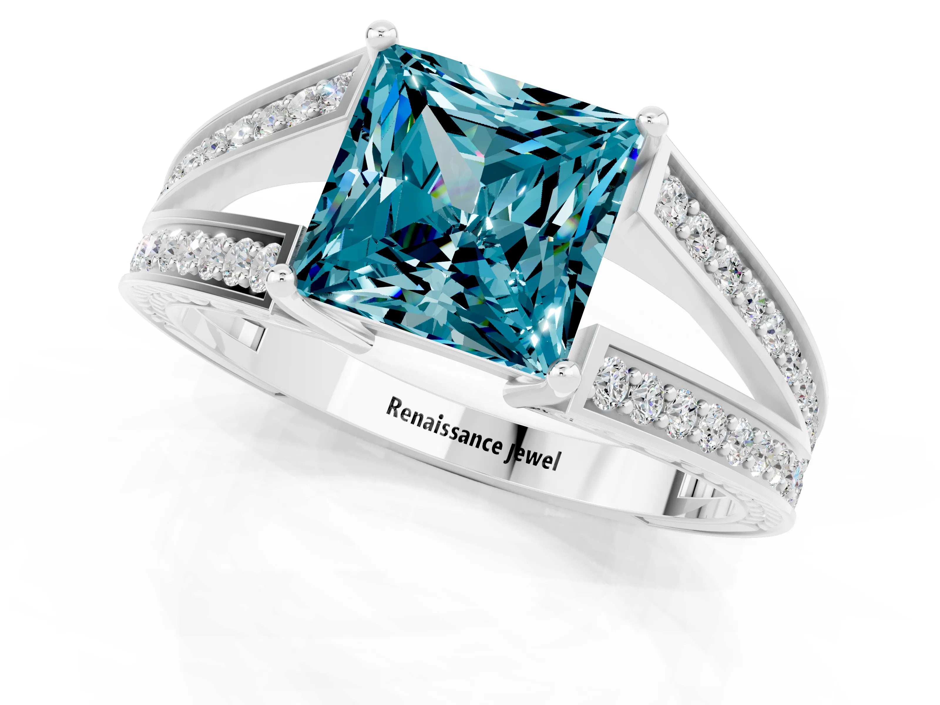 White gold Princess Cut Blue Topaz Split Shank Ring with Pavé Band and Four-Prong Setting_1
