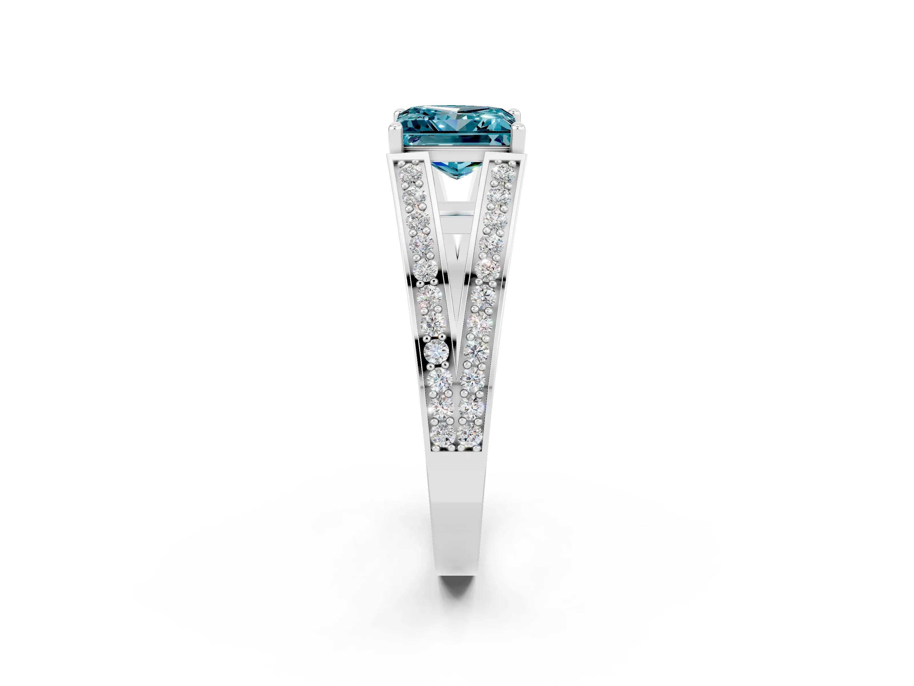 White gold Princess Cut Blue Topaz Split Shank Ring with Pavé Band and Four-Prong Setting_2