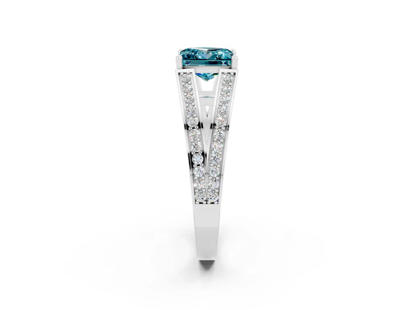 Platinum Princess Cut Blue Topaz Split Shank Ring with Pavé Band and Four-Prong Setting