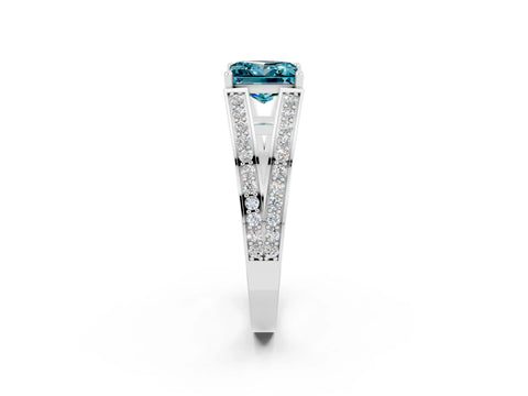 White gold Princess Cut Blue Topaz Split Shank Ring with Pavé Band and Four-Prong Setting_2