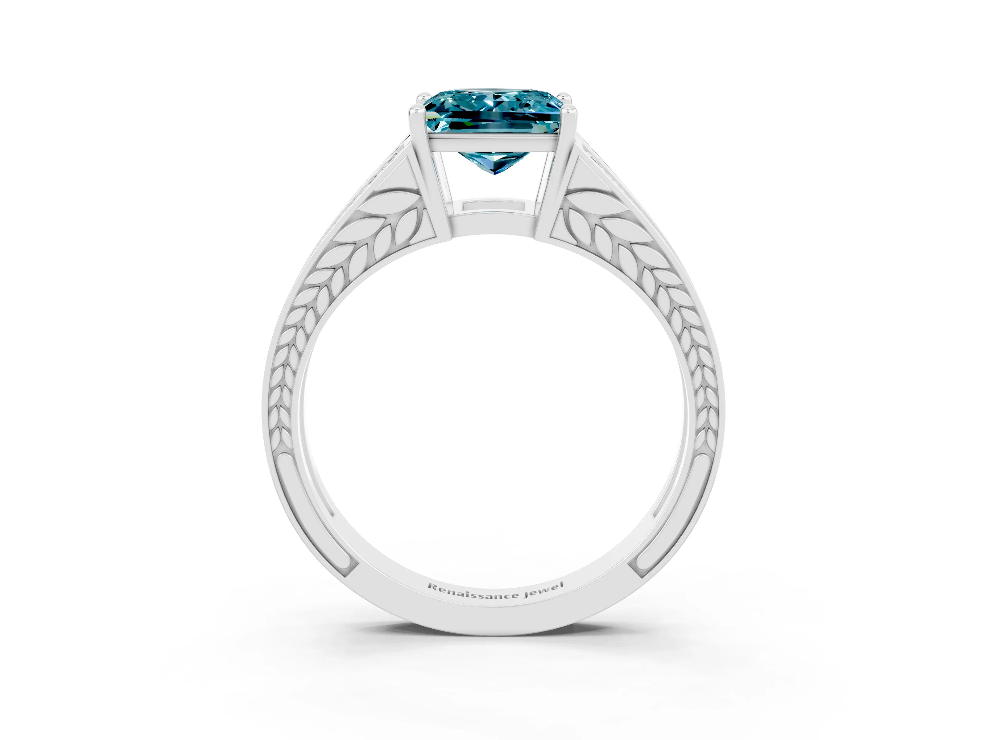 White gold Princess Cut Blue Topaz Split Shank Ring with Pavé Band and Four-Prong Setting_3