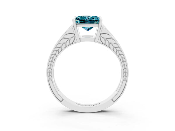 Silver Princess Cut Blue Topaz Split Shank Ring with Pavé Band and Four-Prong Setting