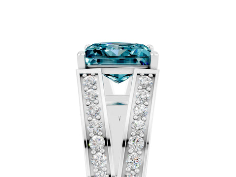 White gold Princess Cut Blue Topaz Split Shank Ring with Pavé Band and Four-Prong Setting_5