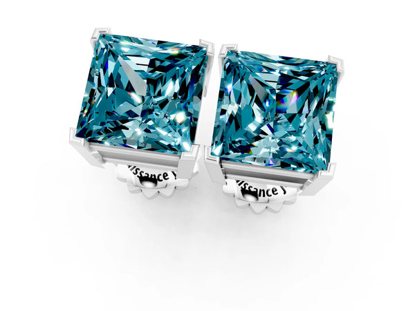 Silver Princess Cut Blue Topaz Stud Earrings