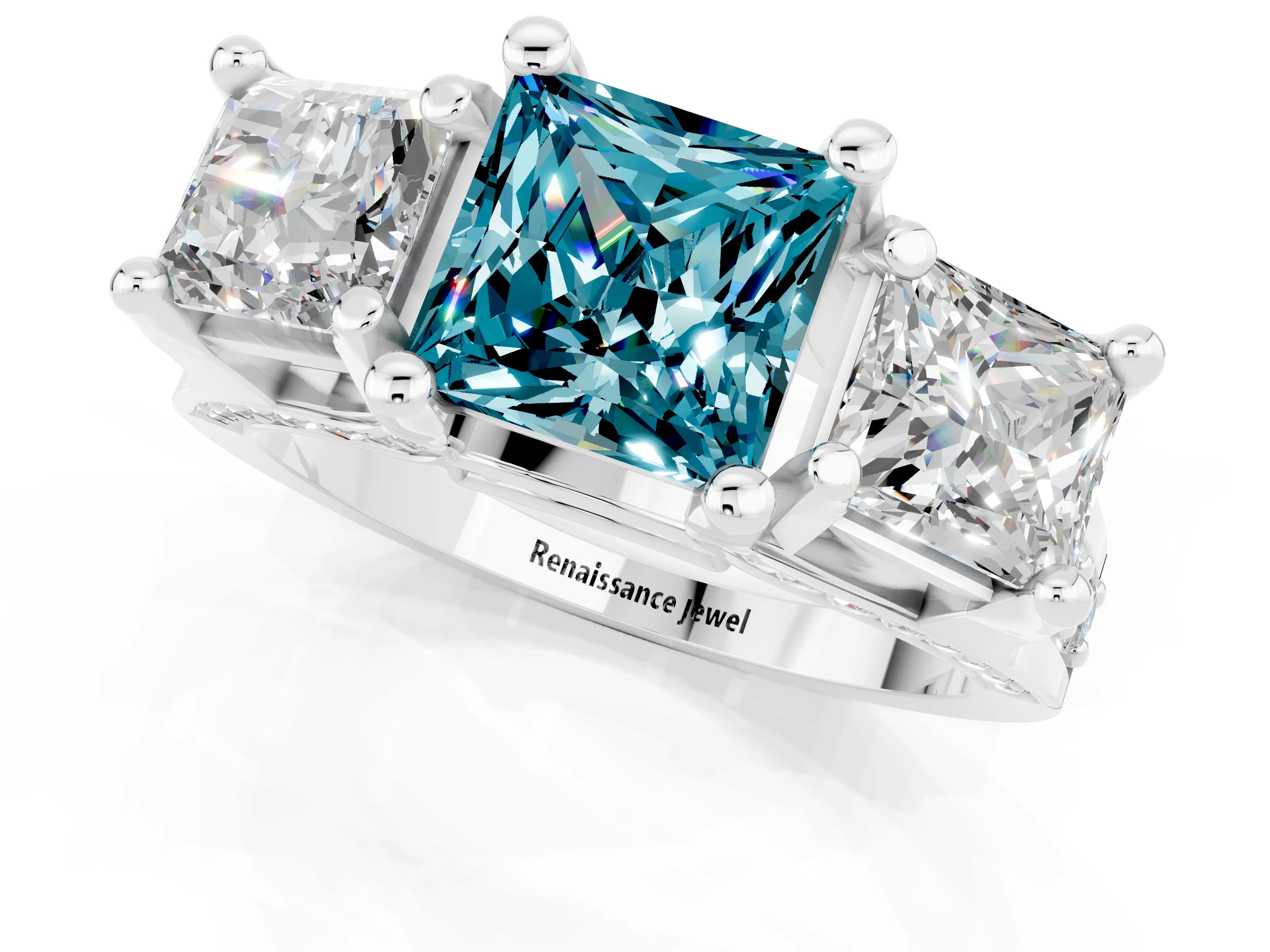 White gold Princess Cut Blue Topaz Three-Stone Ring with Channel Set Band and Four-Prong Setting_1