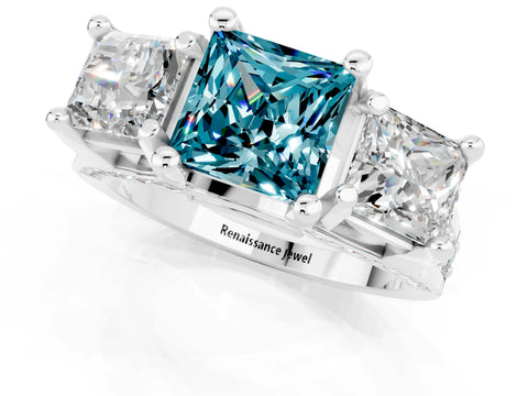 White gold Princess Cut Blue Topaz Three-Stone Ring with Channel Set Band and Four-Prong Setting_1