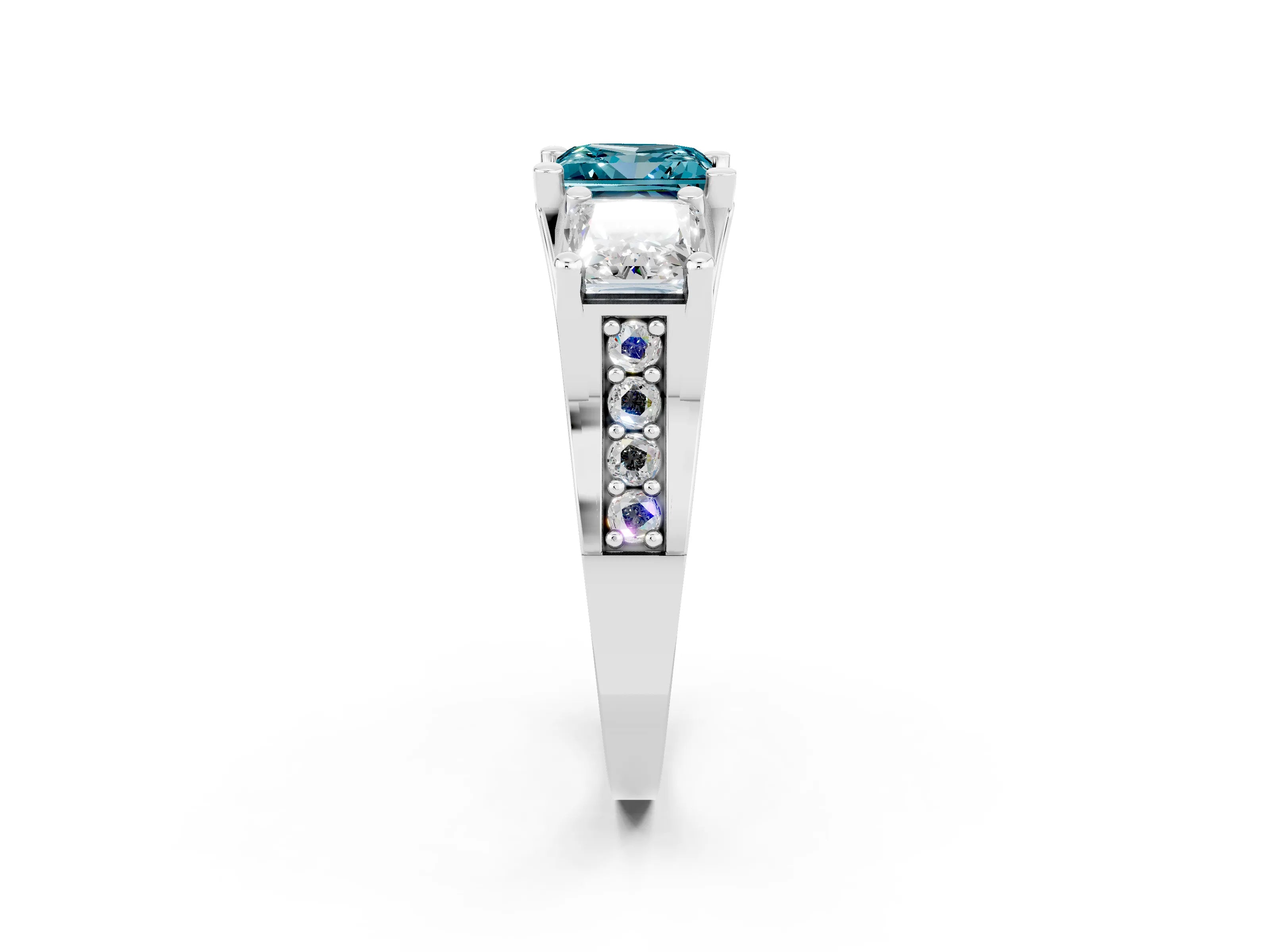 White gold Princess Cut Blue Topaz Three-Stone Ring with Channel Set Band and Four-Prong Setting_2