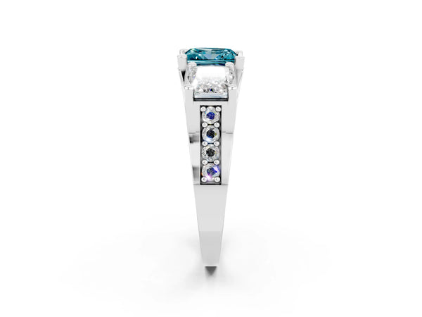 Silver Princess Cut Blue Topaz Three-Stone Ring with Channel Set Band and Four-Prong Setting