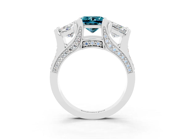 White gold Princess Cut Blue Topaz Three-Stone Ring with Channel Set Band and Four-Prong Setting
