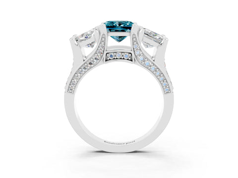 White gold Princess Cut Blue Topaz Three-Stone Ring with Channel Set Band and Four-Prong Setting_3