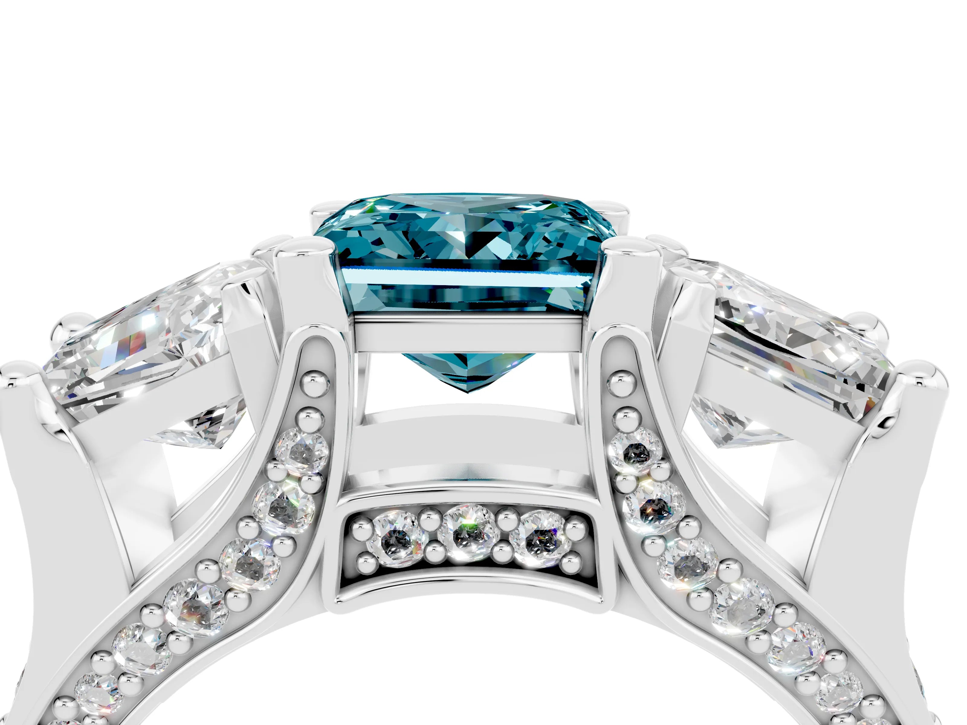 White gold Princess Cut Blue Topaz Three-Stone Ring with Channel Set Band and Four-Prong Setting_4