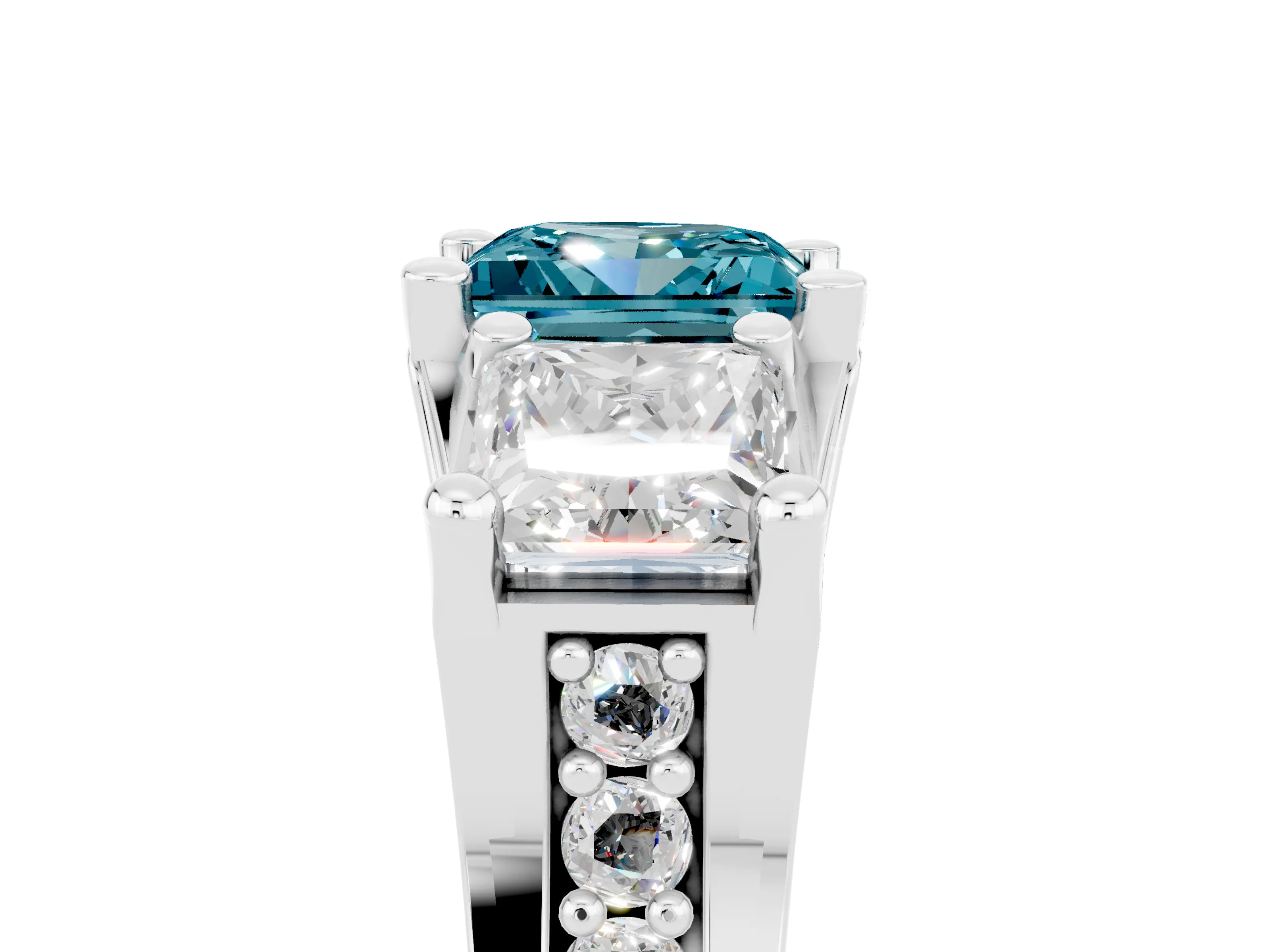 White gold Princess Cut Blue Topaz Three-Stone Ring with Channel Set Band and Four-Prong Setting_5