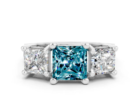 White gold Princess Cut Blue Topaz Three-Stone Ring with Channel Set Band and Four-Prong Setting