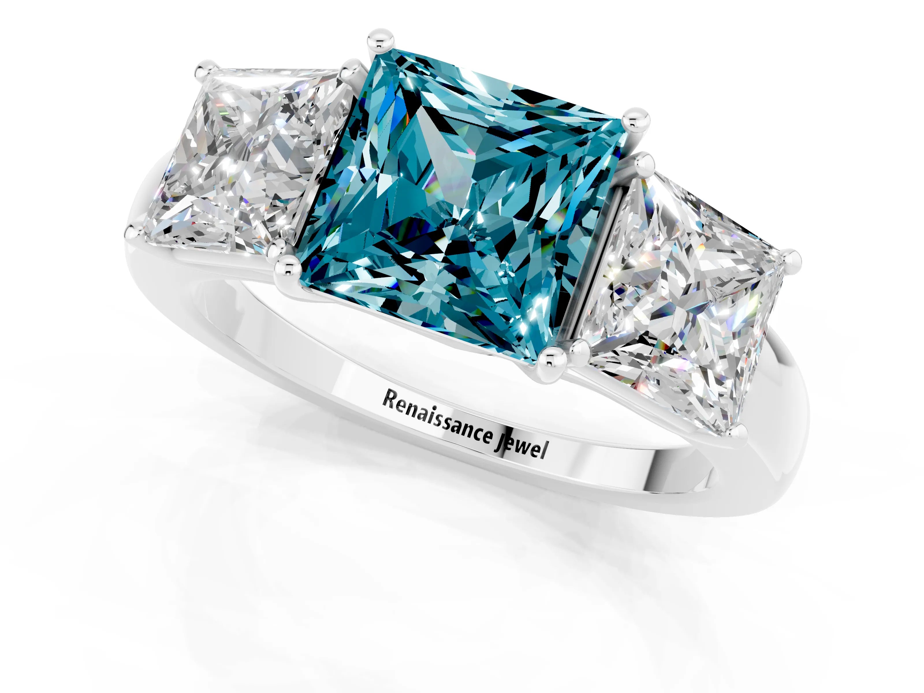White gold Princess Cut Blue Topaz Three-Stone Ring with Four-Prong Setting and Classic Band_1