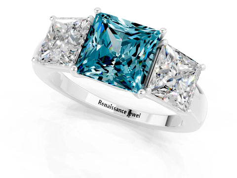 White gold Princess Cut Blue Topaz Three-Stone Ring with Four-Prong Setting and Classic Band_1