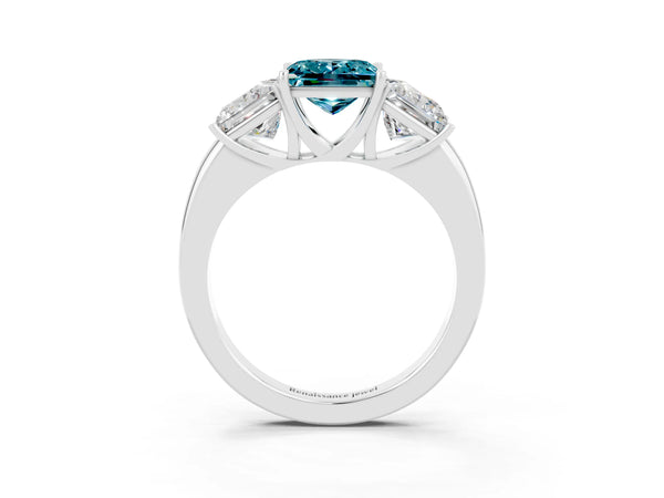 Platinum Princess Cut Blue Topaz Three-Stone Ring with Four-Prong Setting and Classic Band