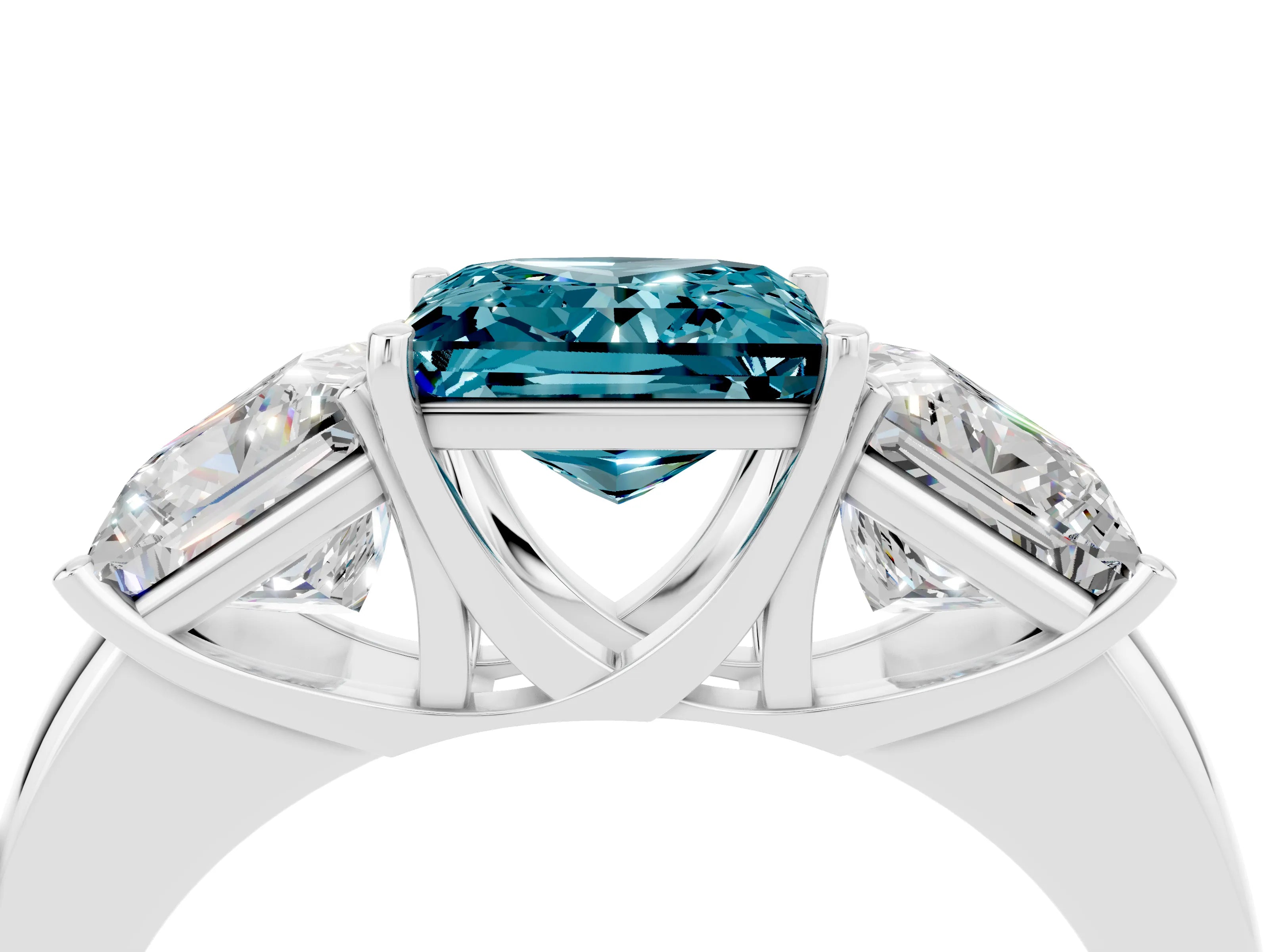 White gold Princess Cut Blue Topaz Three-Stone Ring with Four-Prong Setting and Classic Band_4