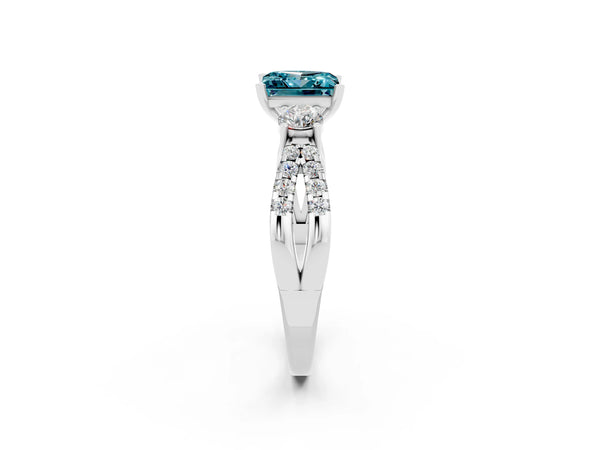 White gold Princess Cut Blue Topaz Three-Stone Ring with Pavé Split Shank and Four-Prong Setting