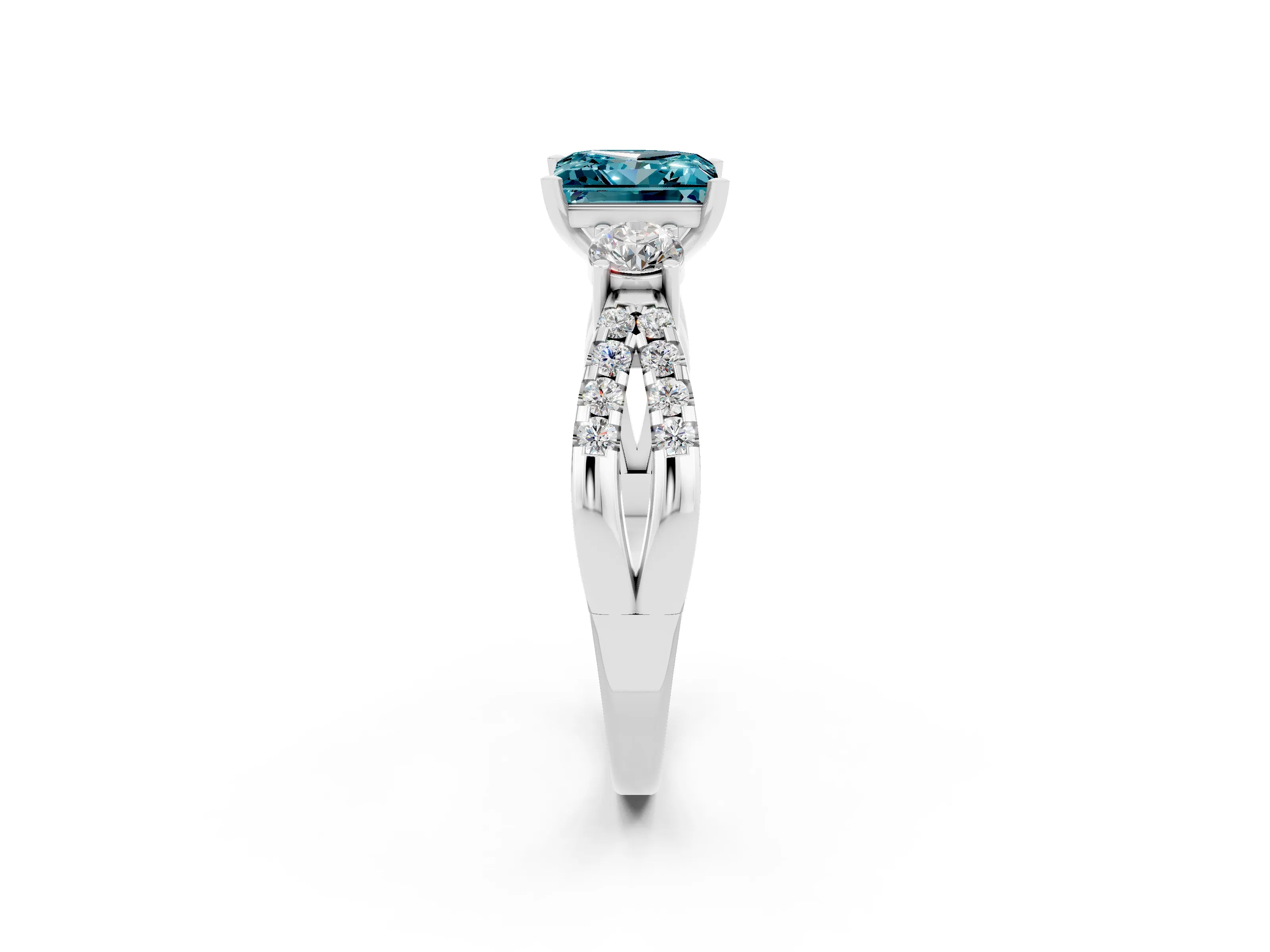 White gold Princess Cut Blue Topaz Three-Stone Ring with Pavé Split Shank and Four-Prong Setting_2