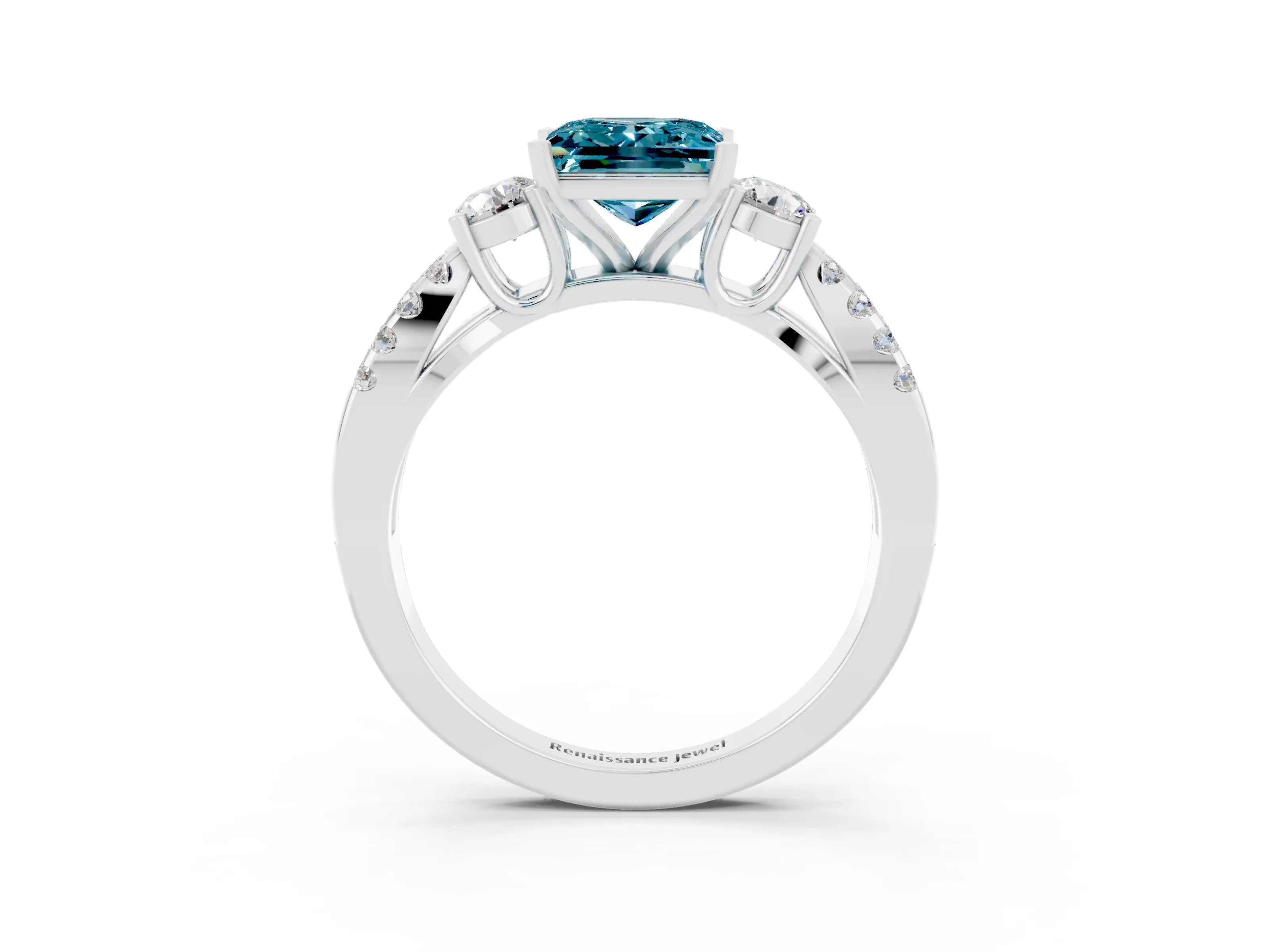White gold Princess Cut Blue Topaz Three-Stone Ring with Pavé Split Shank and Four-Prong Setting_3
