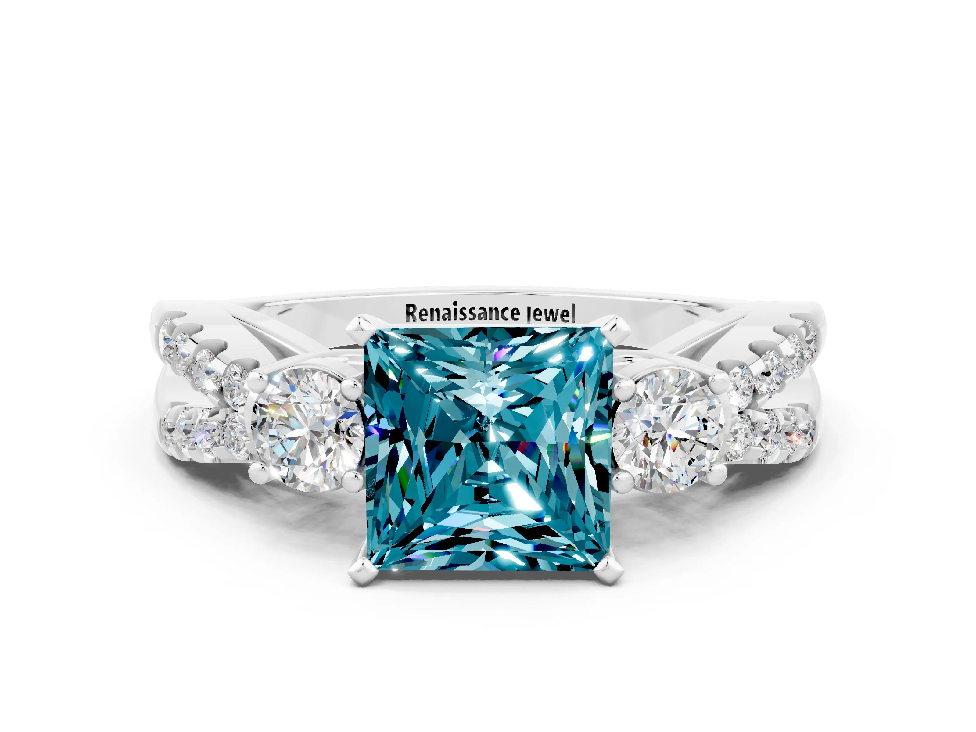 White gold Princess Cut Blue Topaz Three-Stone Ring with Pavé Split Shank and Four-Prong Setting