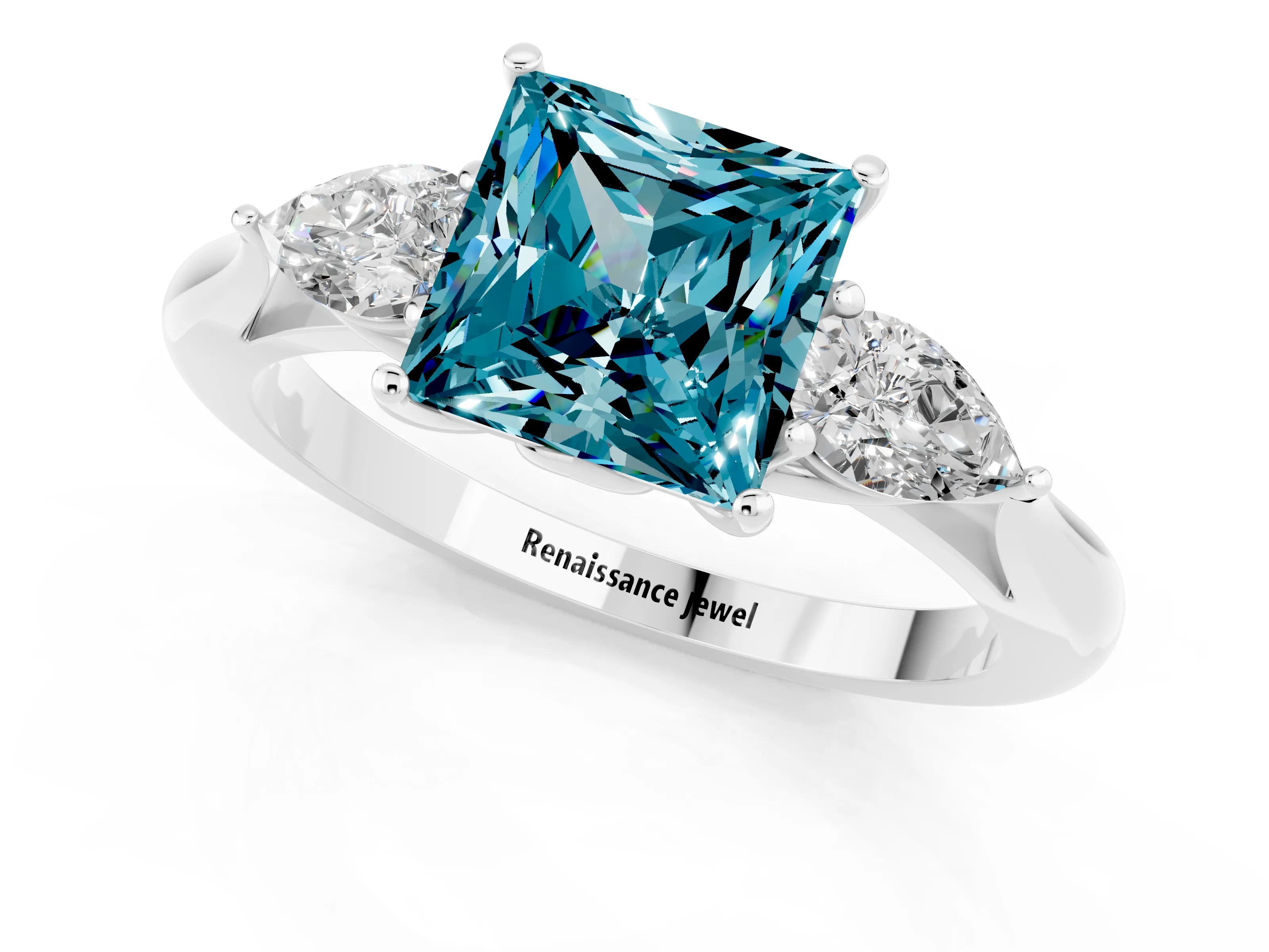 White gold Princess Cut Blue Topaz Three-Stone Ring with Pear Side Stones and Four-Prong Setting_13