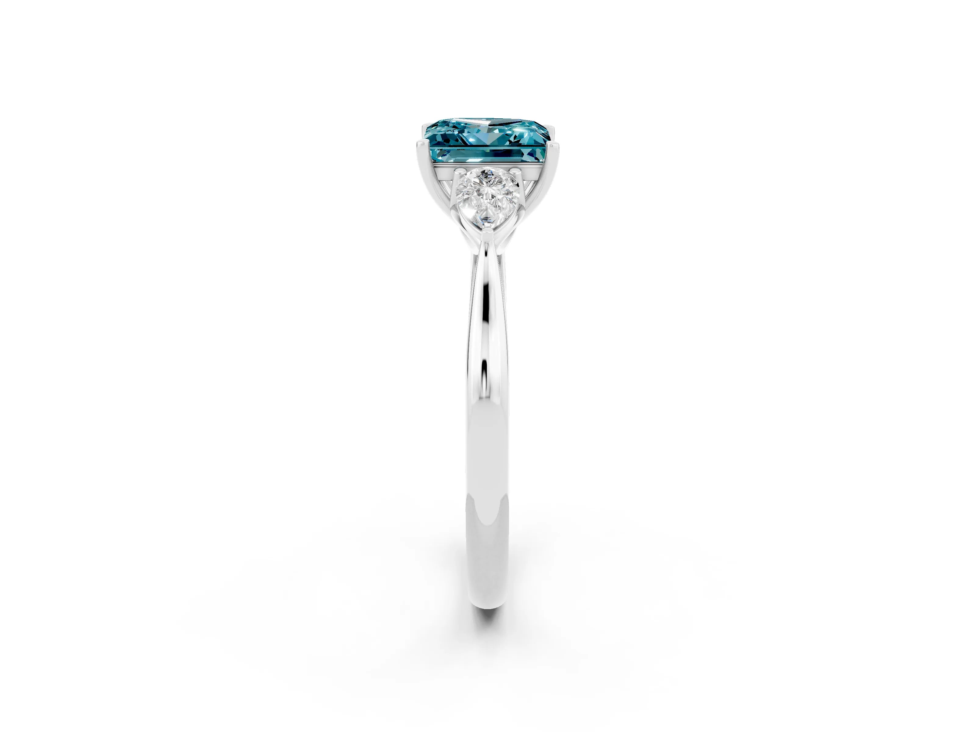 White gold Princess Cut Blue Topaz Three-Stone Ring with Pear Side Stones and Four-Prong Setting_14