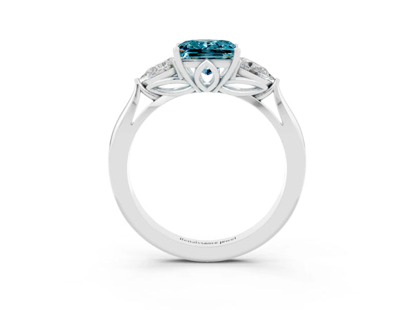 Platinum Princess Cut Blue Topaz Three-Stone Ring with Pear  Side Stones and Prong Setting