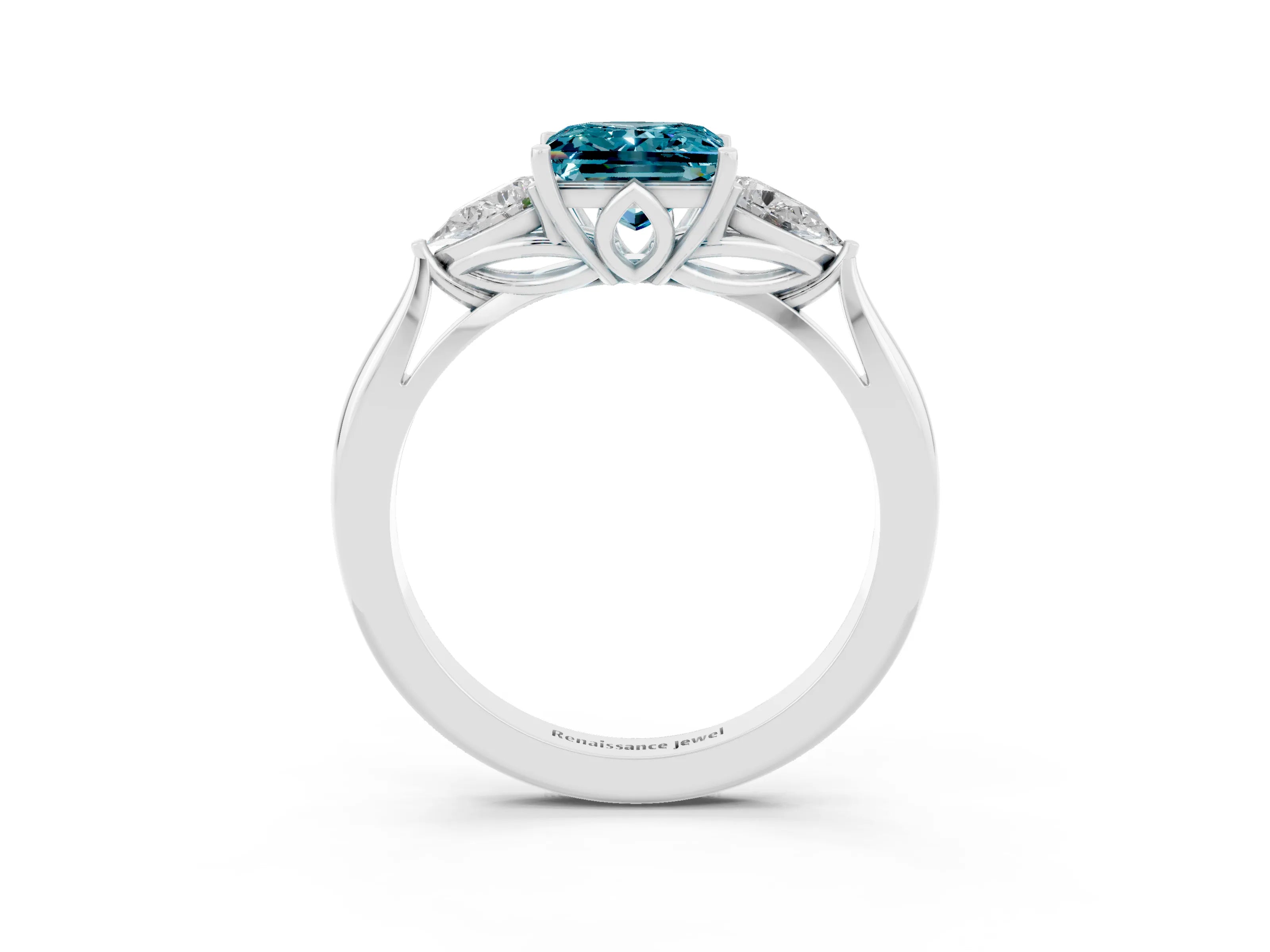 White gold Princess Cut Blue Topaz Three-Stone Ring with Pear Side Stones and Four-Prong Setting_15