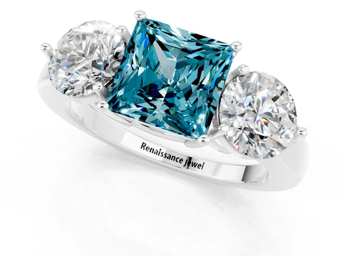 White gold Princess Cut Blue Topaz Three-Stone Ring with Prong Setting and Classic Band_1