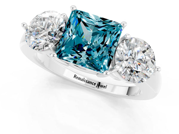 Silver Princess Cut Blue Topaz Three-Stone Ring with Prong Setting and Classic Band