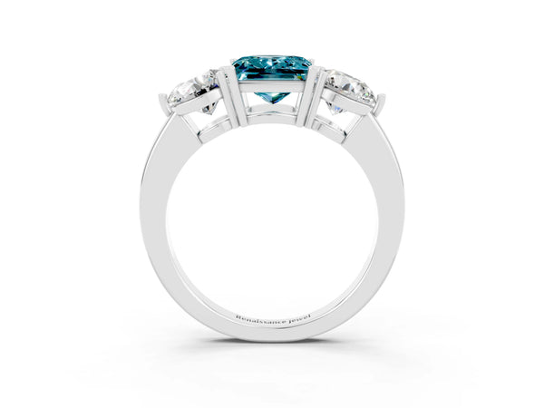 Silver Princess Cut Blue Topaz Three-Stone Ring with Prong Setting and Classic Band