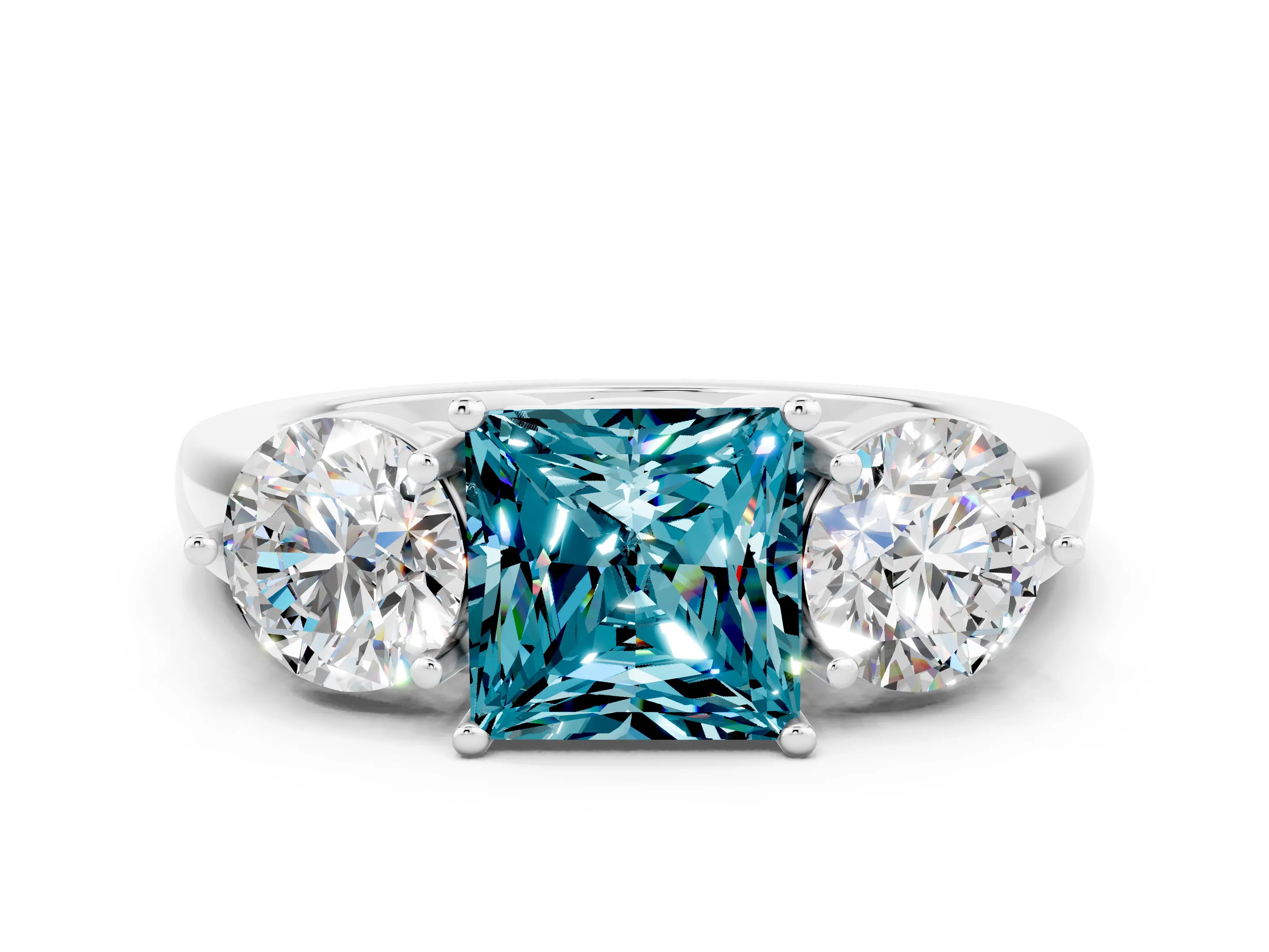 White gold Princess Cut Blue Topaz Three-Stone Ring with Prong Setting and Classic Band