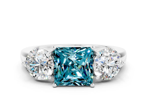 White gold Princess Cut Blue Topaz Three-Stone Ring with Prong Setting and Classic Band