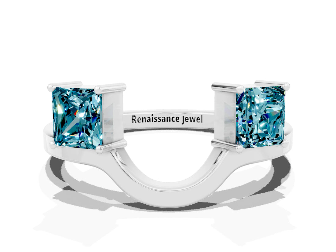 White gold Princess Cut Blue Topaz Two-Stone Open Band Ring with Four-Prong Setting_6