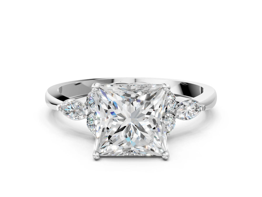 White gold Princess Cut Brilliant Diamond Solitaire Ring with Pear Side Stones and Four-Prong Setting_12